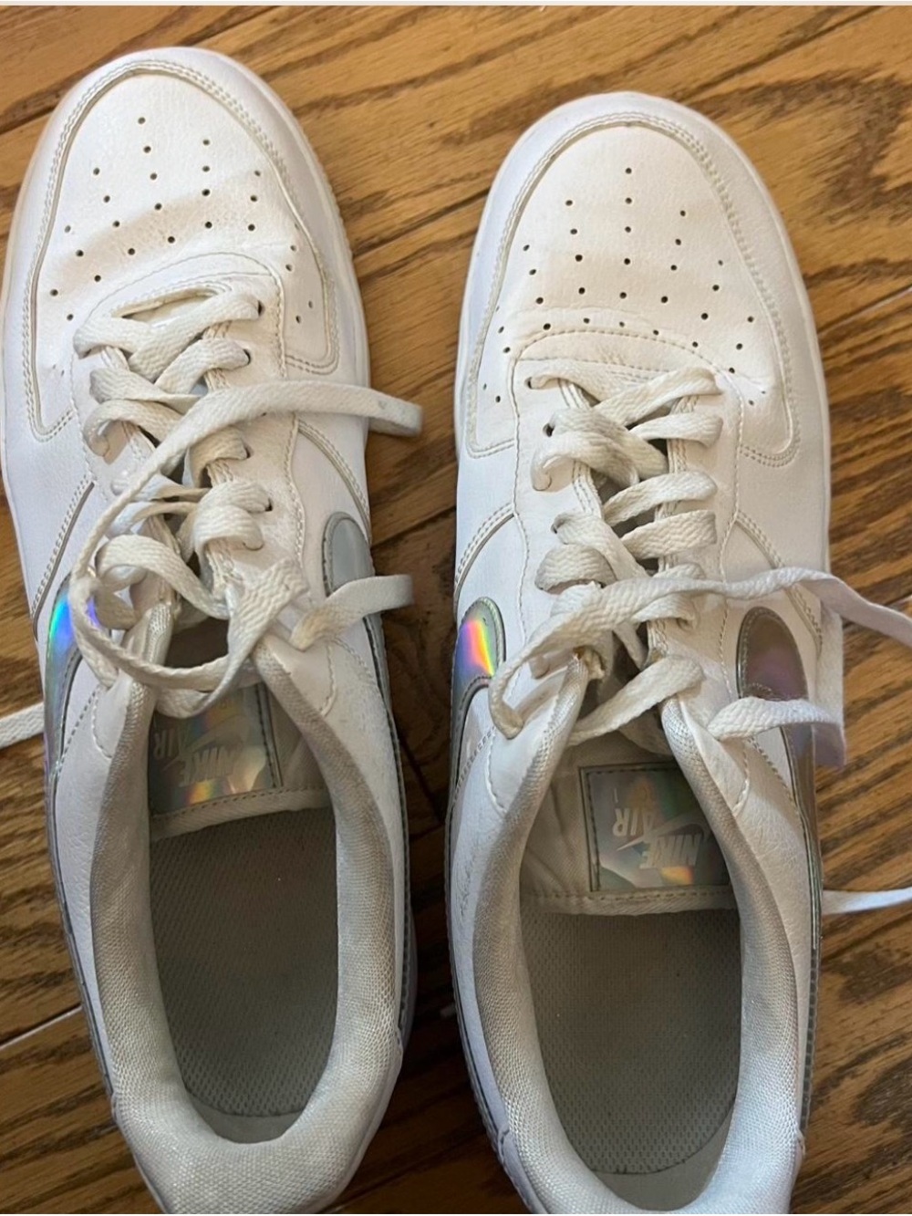 Nike White Air Force 1 Sneakers with Iridescent Swoosh